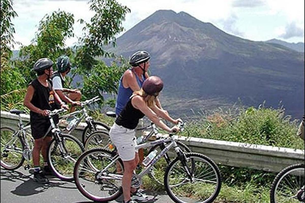 um grupo de pessoas em pé com bicicletas em uma montanha