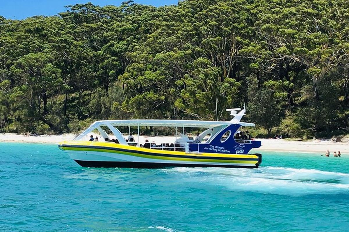 a blue and yellow boat in the water near a beach