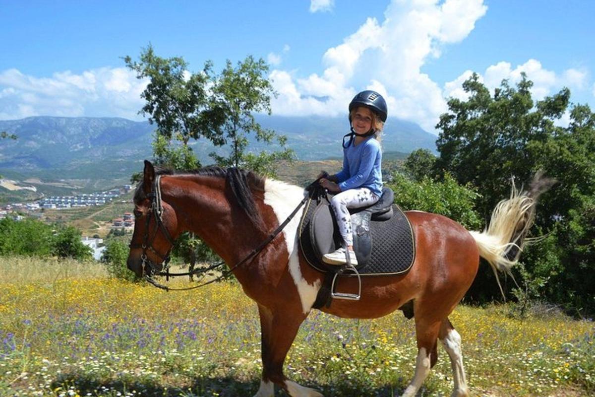 a little girl riding on a horse in a field