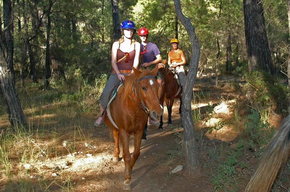 tres persones muntant a cavall per un sender al bosc