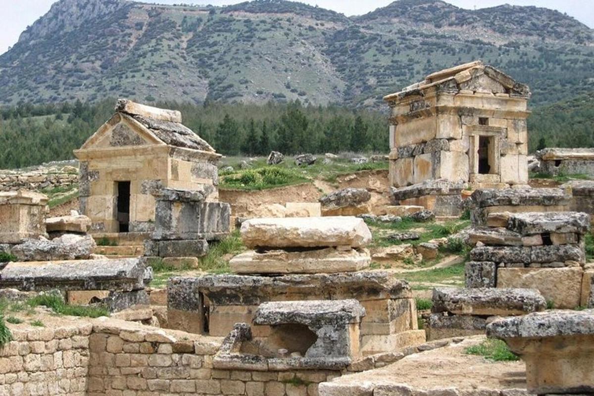 a group of ruins with a mountain in the background