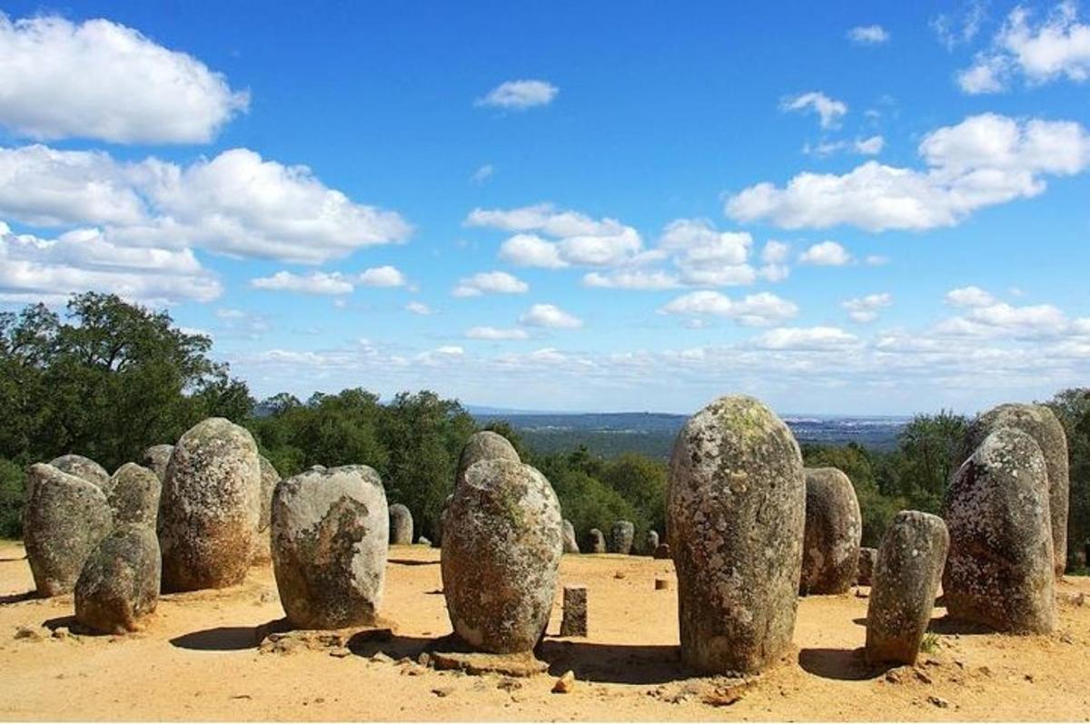 un grup d'estàtues de pedra en un camp