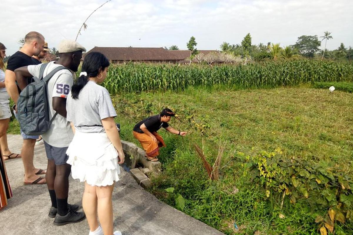 un gruppo di persone che guarda un uomo in un campo