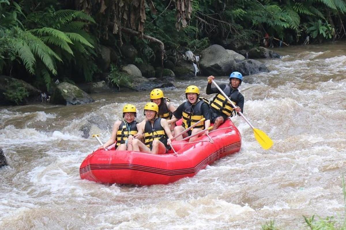 a group of people in a raft in a river