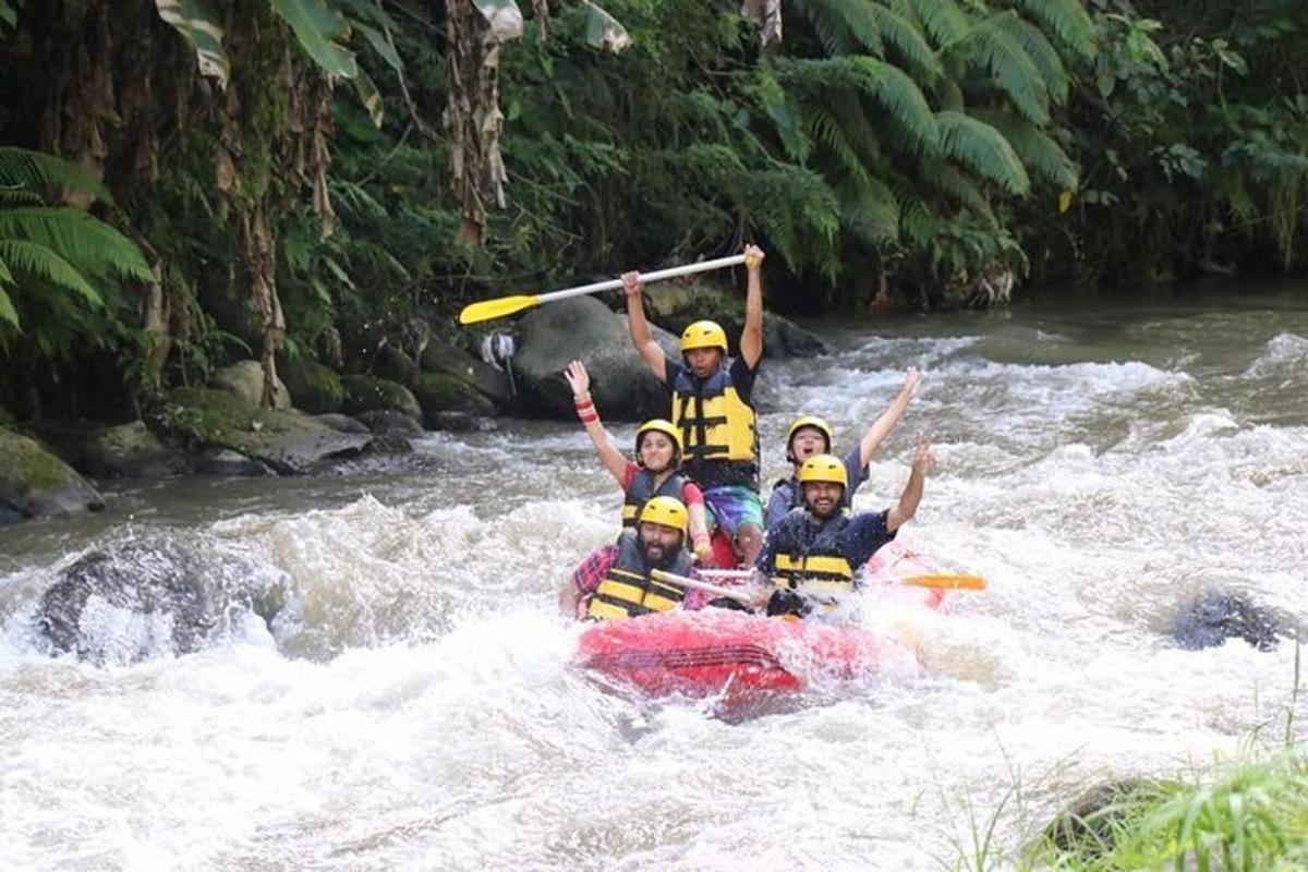 a group of people on a raft in a river