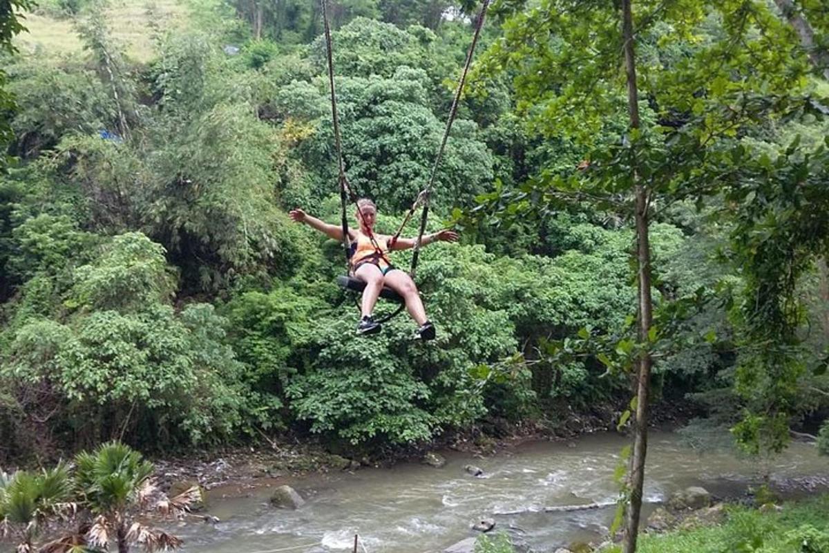 a woman swinging on a rope swing over a river