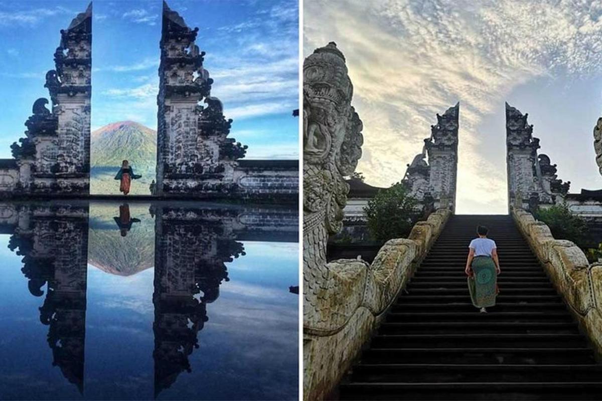 due foto di un uomo che sale le scale verso un tempio