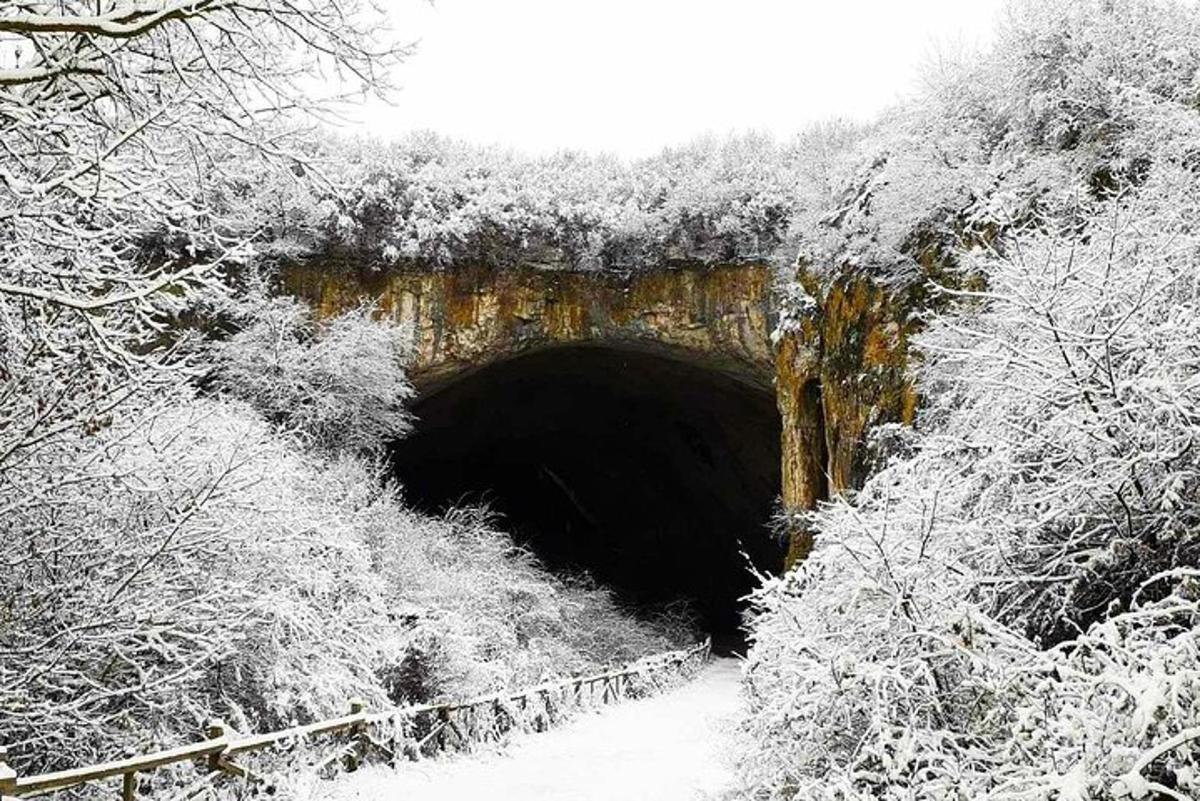 un tunnel coperto di neve con una strada davanti