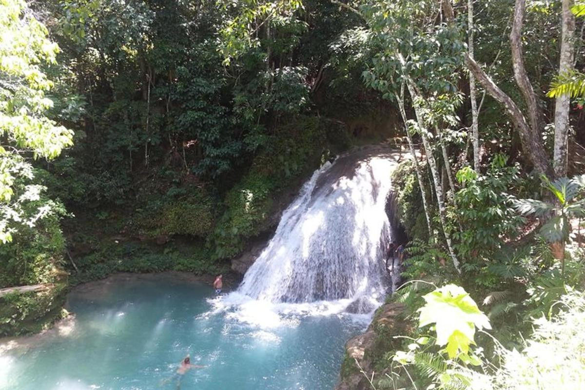 una cascata nella giungla con persone che nuotano in una piscina