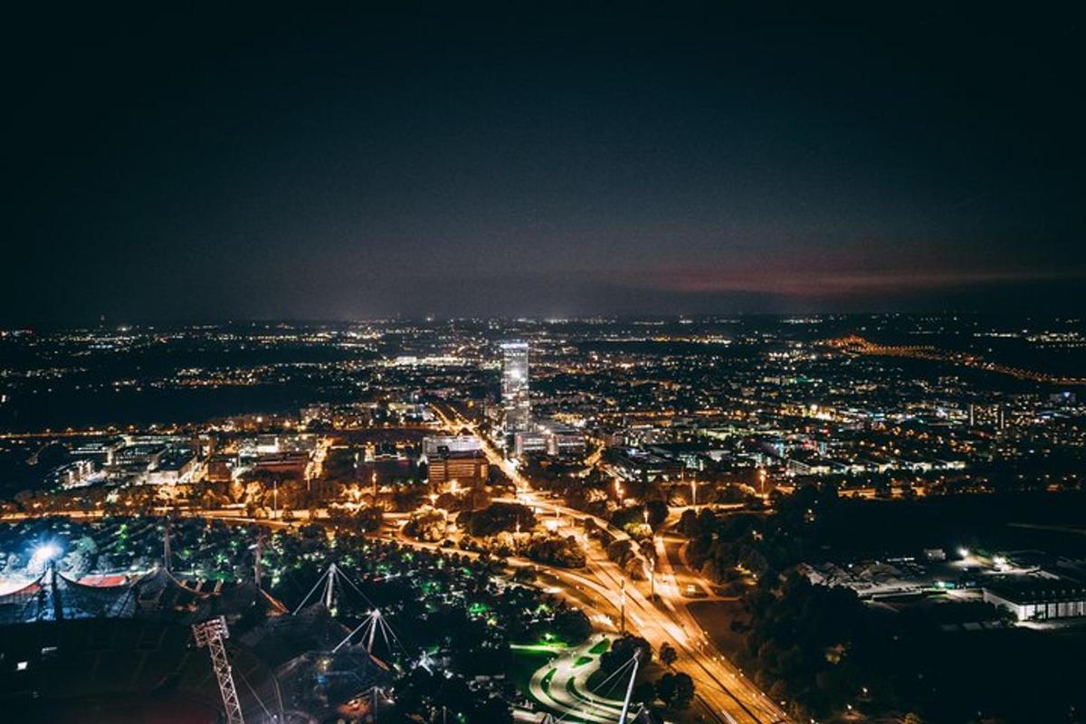 a view of a city lit up at night