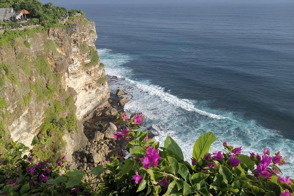 pemandangan lautan dari tebing dengan bunga