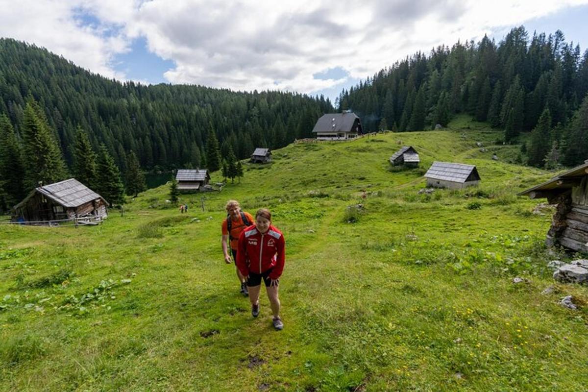 Dos personas caminando por una colina cubierta de hierba en un campo.