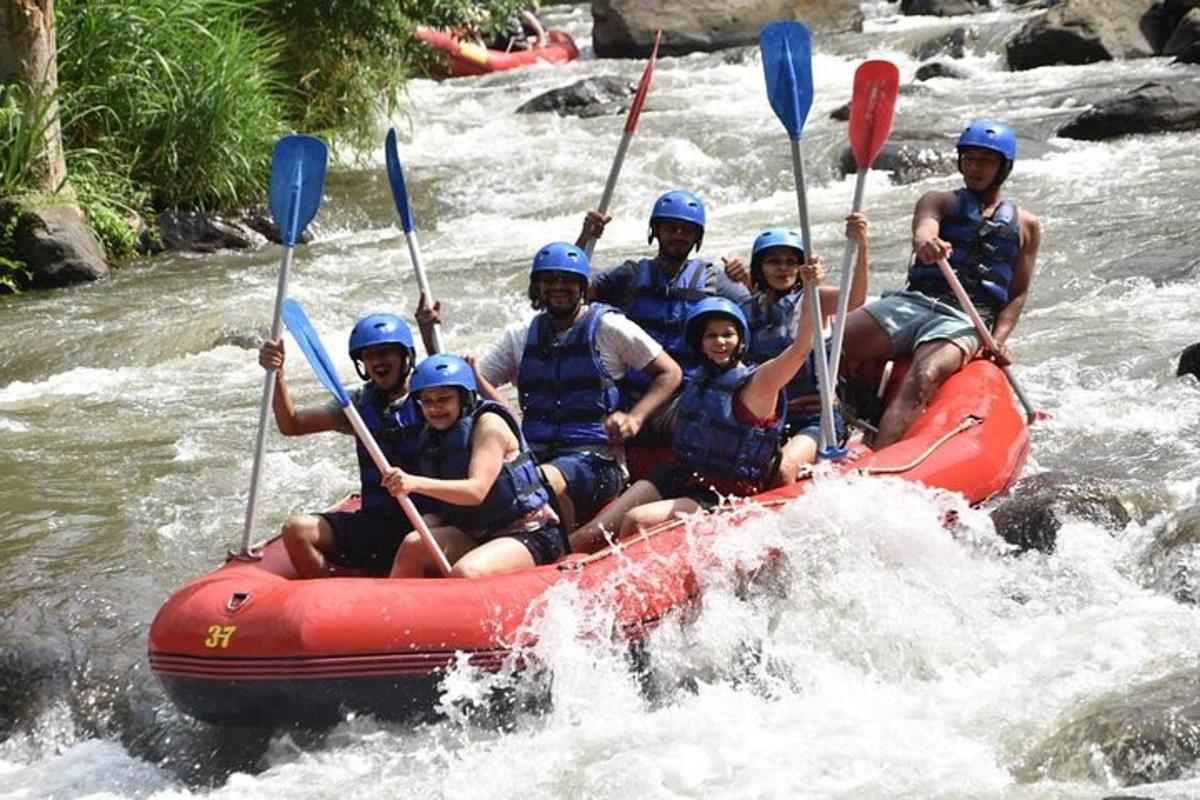 a group of people in a raft on a river
