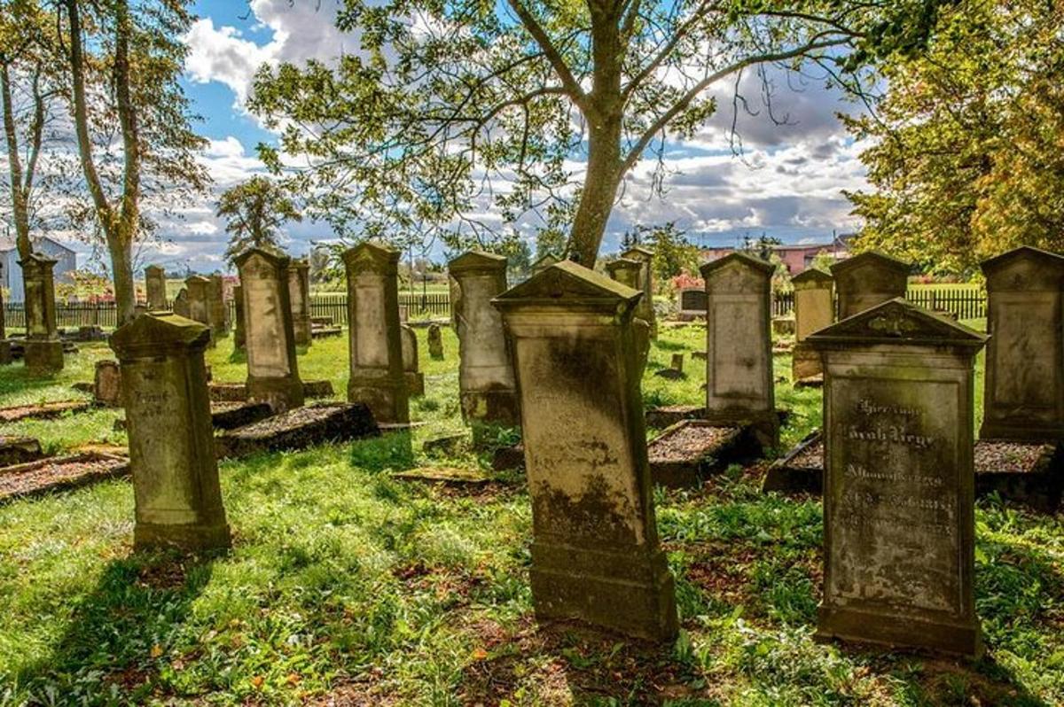 un cimitir cu o grămadă de pietre funerare în iarbă
