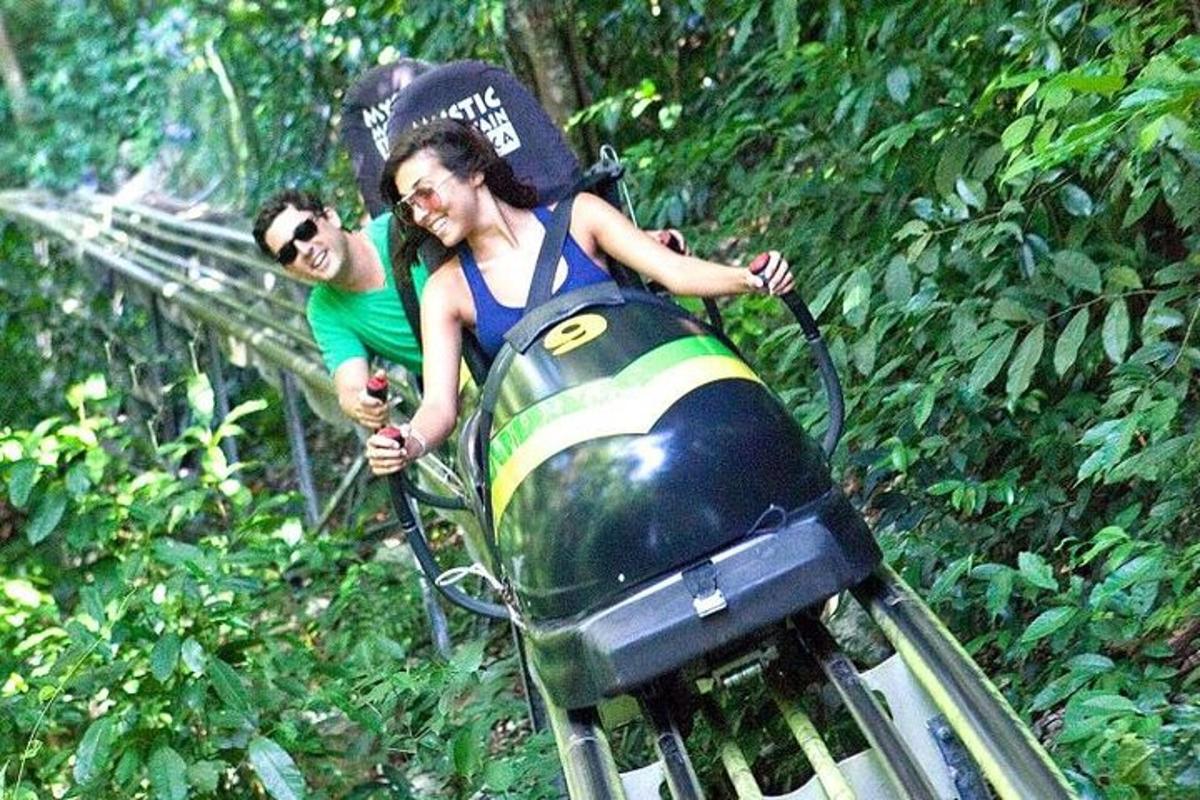 dua orang menaiki roller coaster di hutan