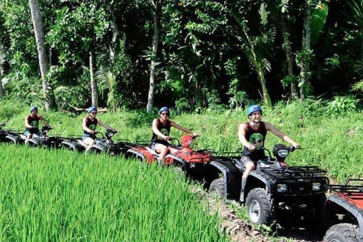 un gruppo di persone che guidano quad in un campo