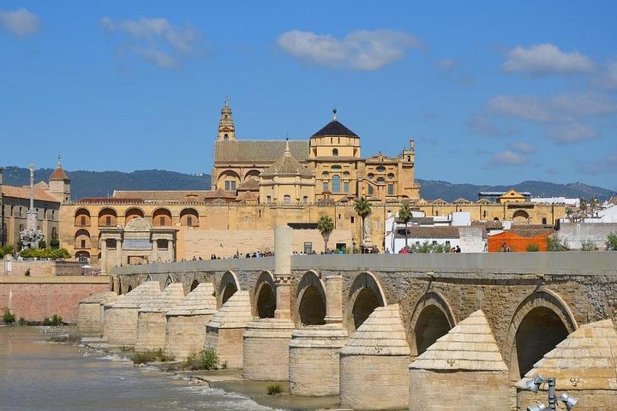 a bridge over a river in front of a large building