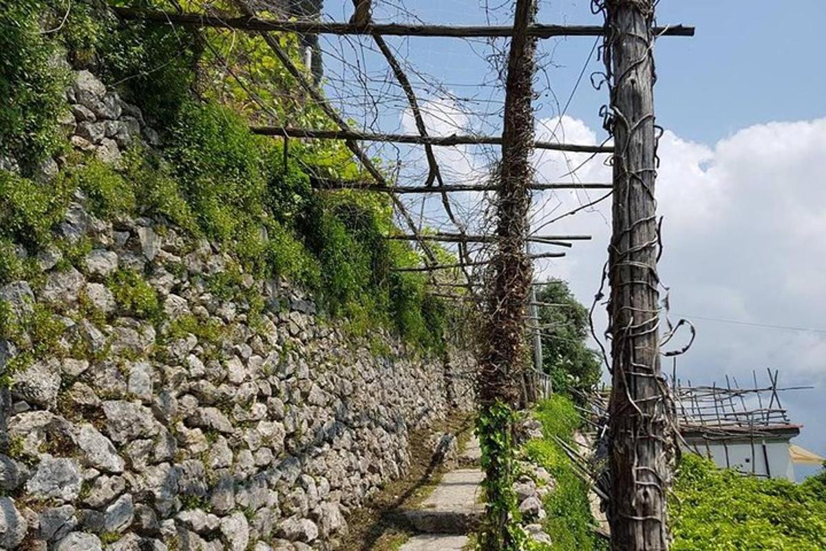 a stone wall with a fence and a pole