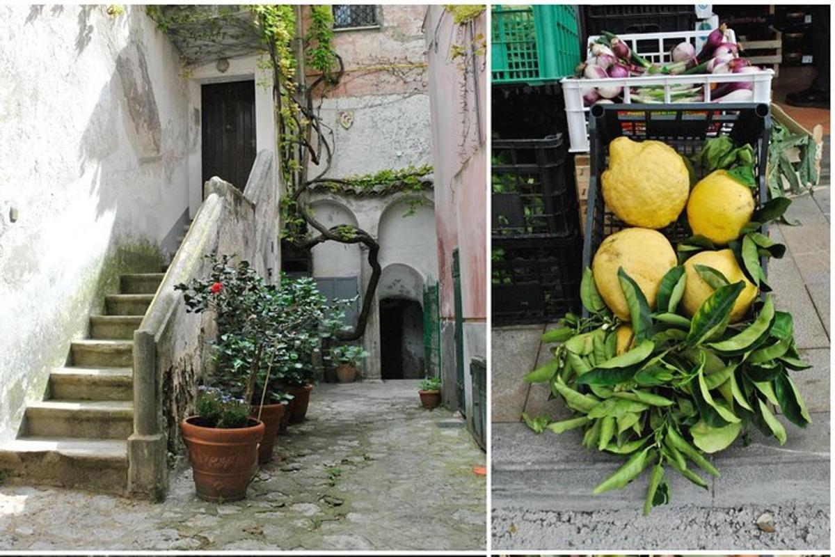 due foto di un edificio con un mucchio di frutta e verdura