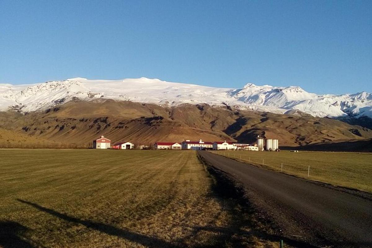 akur við veg með snæviþöktum fjöllum