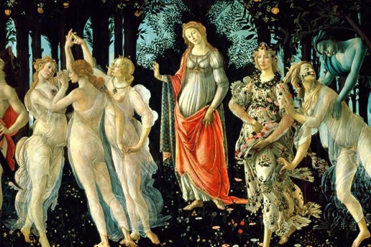 uma pintura de um grupo de mulheres em uma floresta