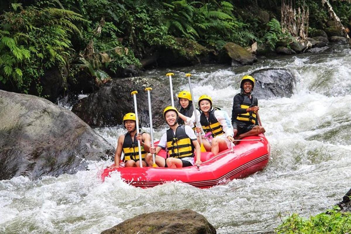 a group of people in a raft on a river