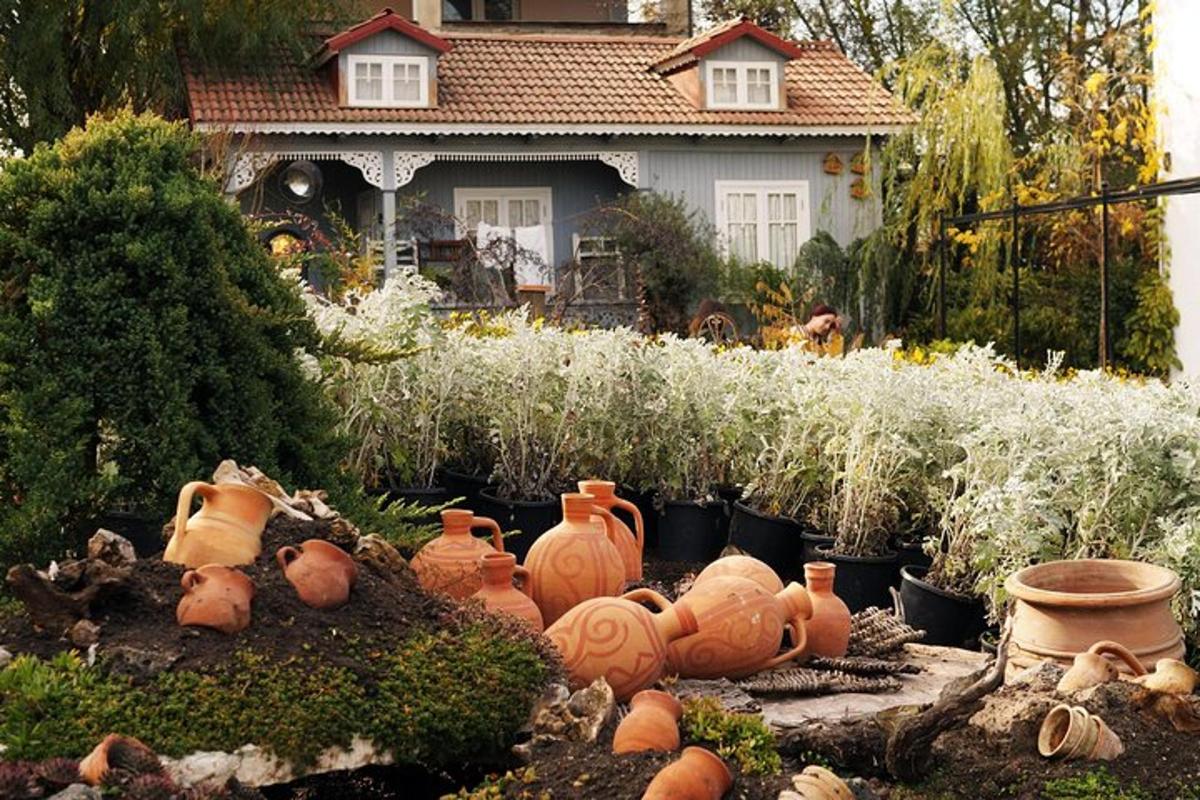 a bunch of vases sitting in front of a house