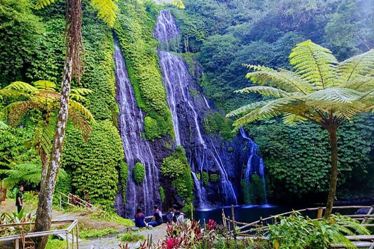 un murale di una cascata con persone sedute di fronte ad essa