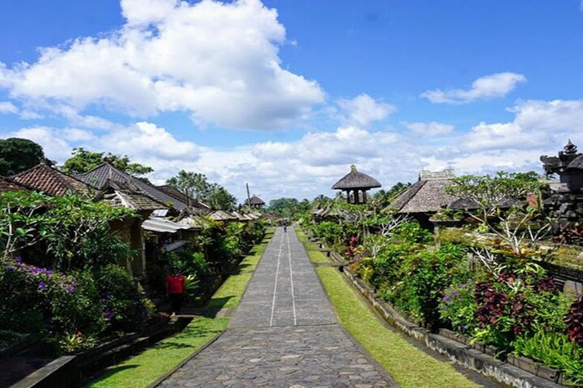 jalan melalui kampung dengan rumah dan bunga