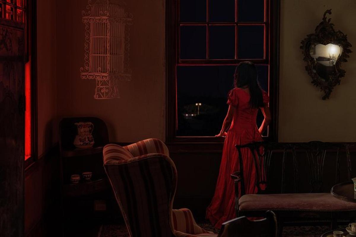 a woman in a red dress looking out of a window