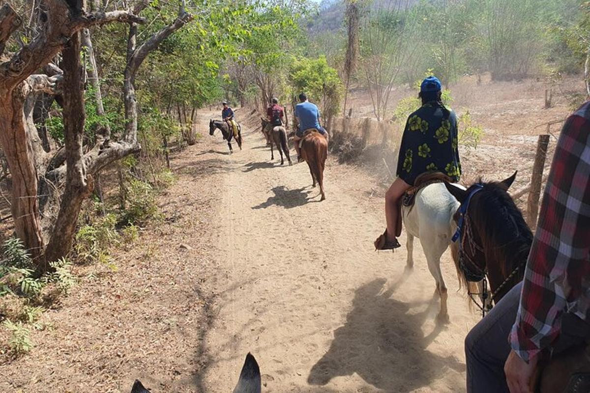 um grupo de pessoas andando a cavalo por uma estrada de terra