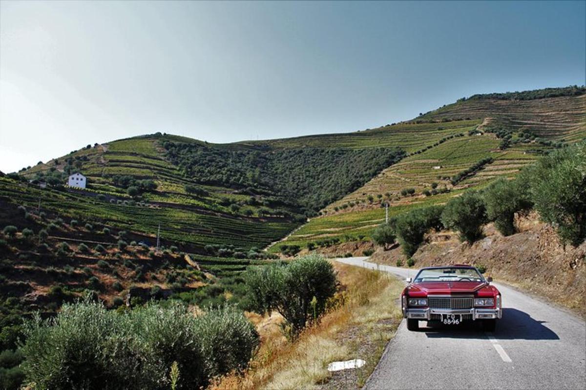 un'auto rossa che percorre una strada di montagna