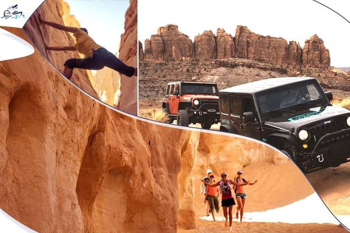 eine Gruppe von Menschen steht neben einem Jeep in der Wüste