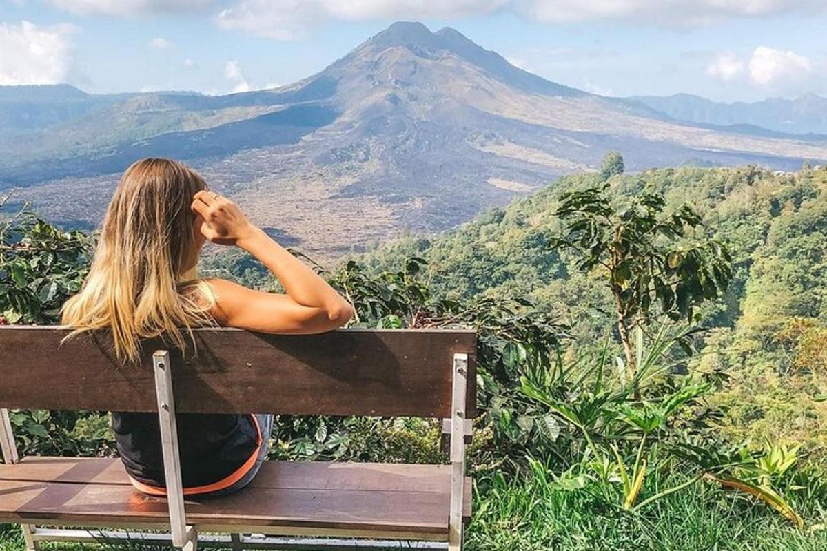 una donna seduta su una panchina che guarda una montagna