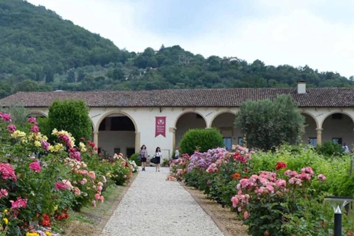 Un jardín con flores delante de un edificio.