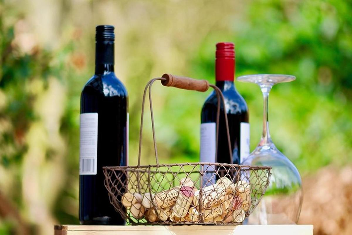 três garrafas de vinho e uma cesta de uvas