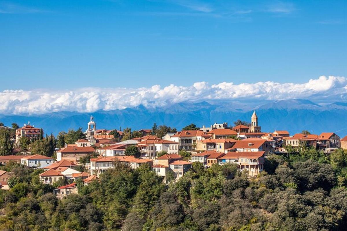 μια πόλη σε έναν λόφο με βουνά στο φόντο
