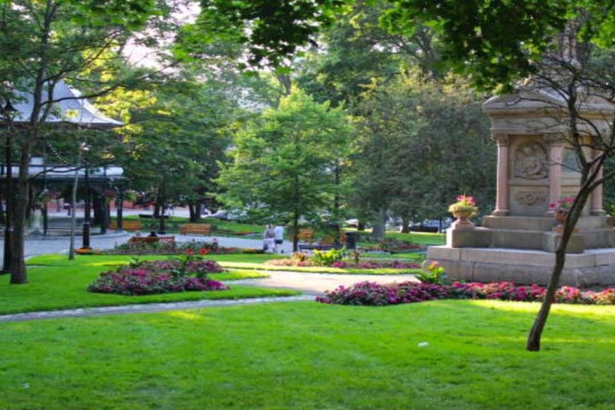 a park with a statue in the middle of the grass