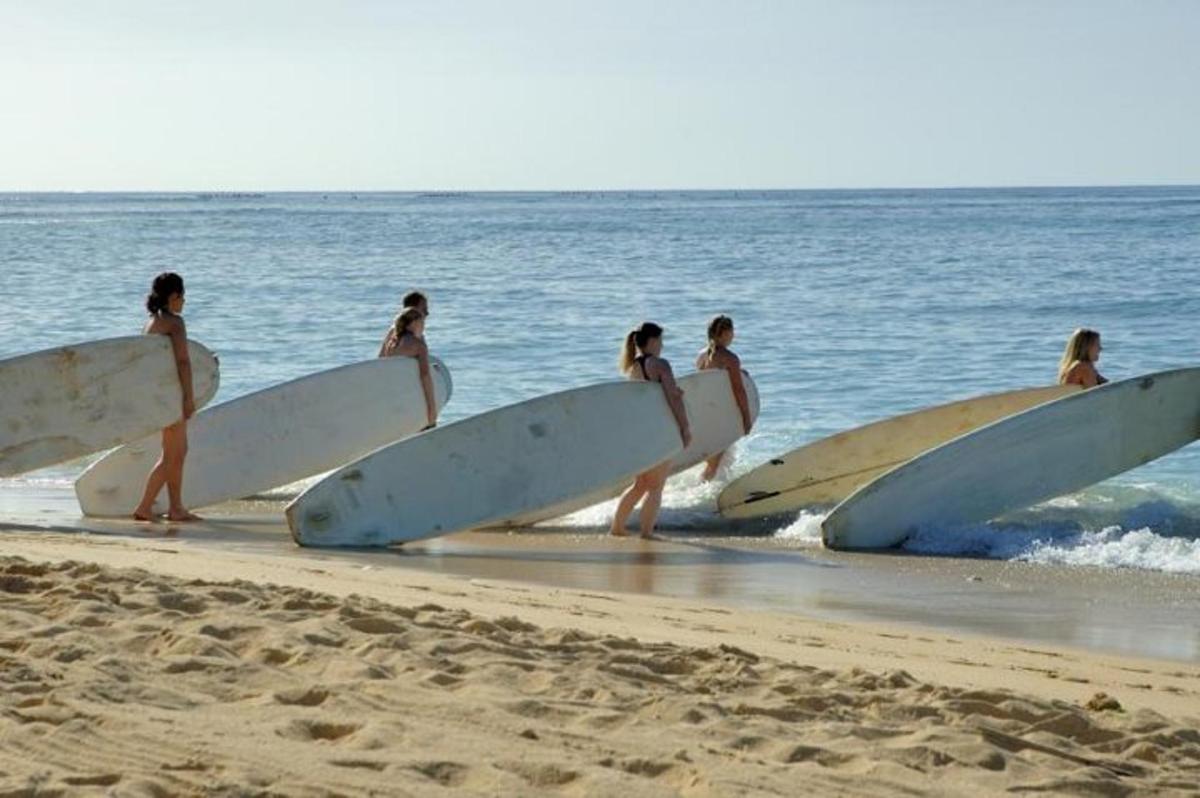 Grupa surferów spacerujących po plaży z deskami surfingowymi