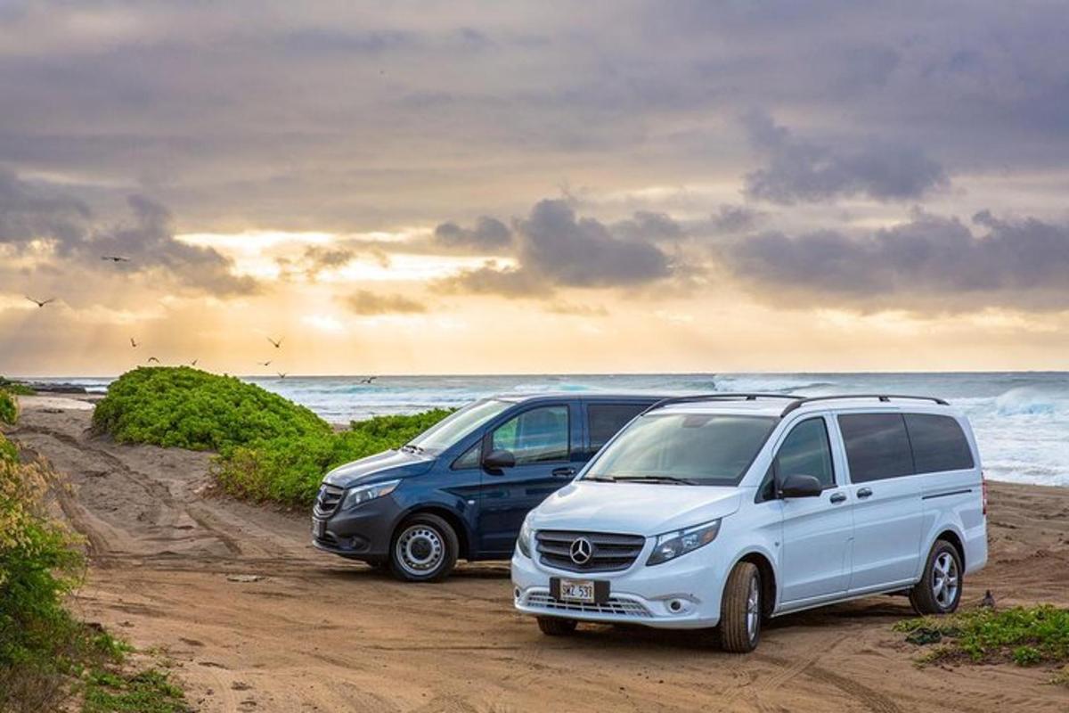 Dos furgonetas estacionadas en una playa de arena cerca del océano