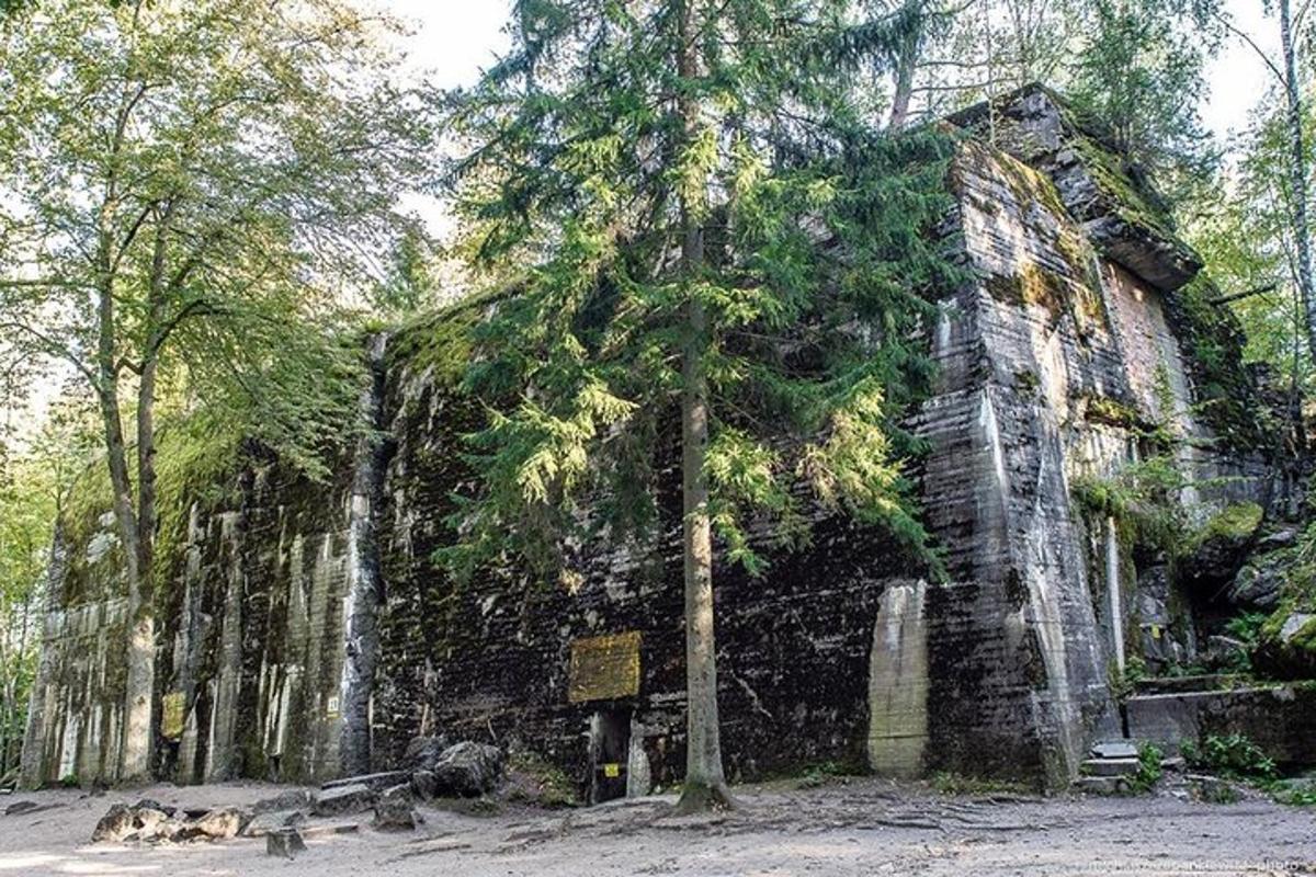 an old stone building with trees growing on it