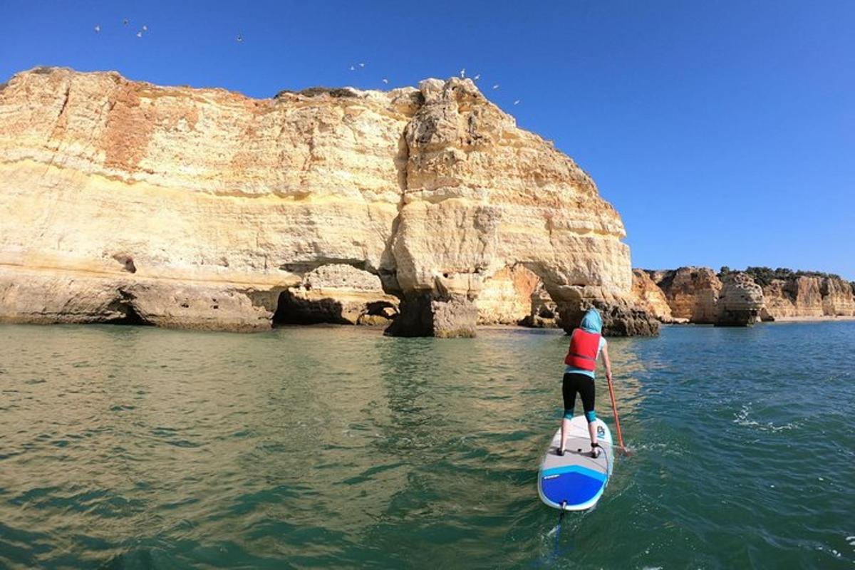 una persona è in piedi su una tavola da paddle in acqua