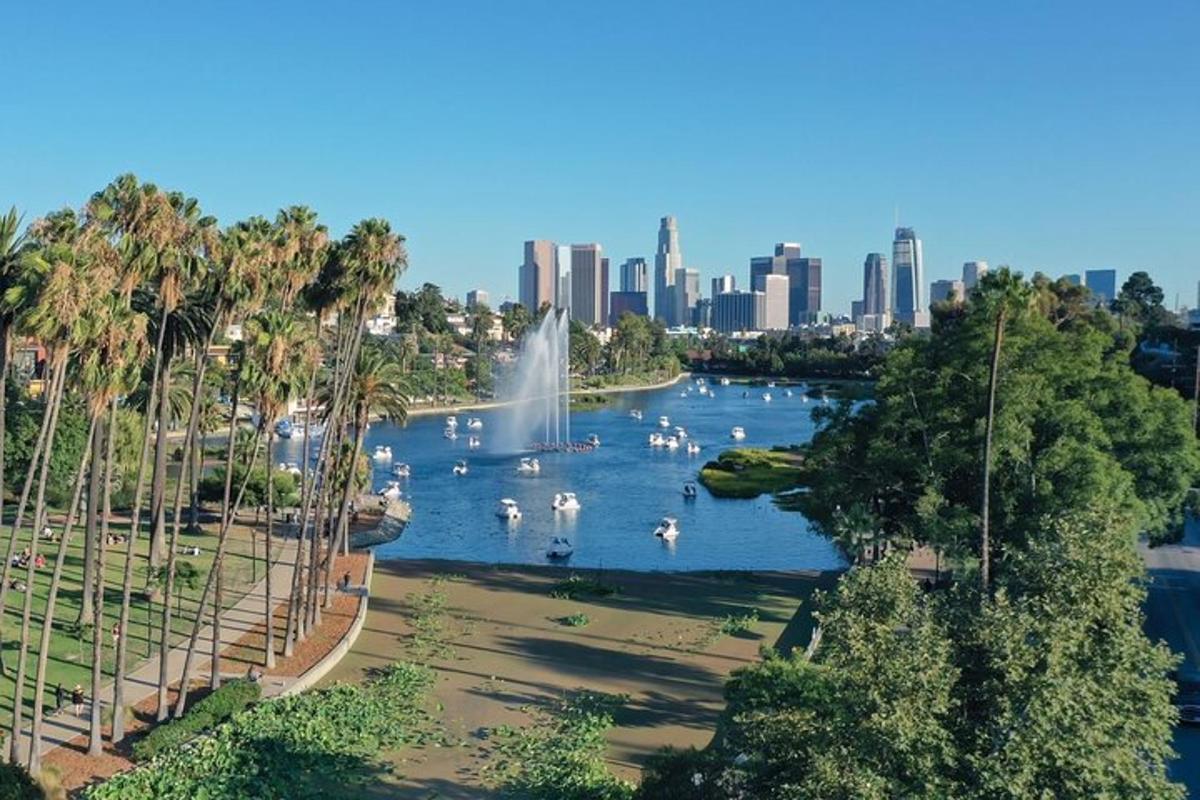 a view of a lake with a fountain and a city