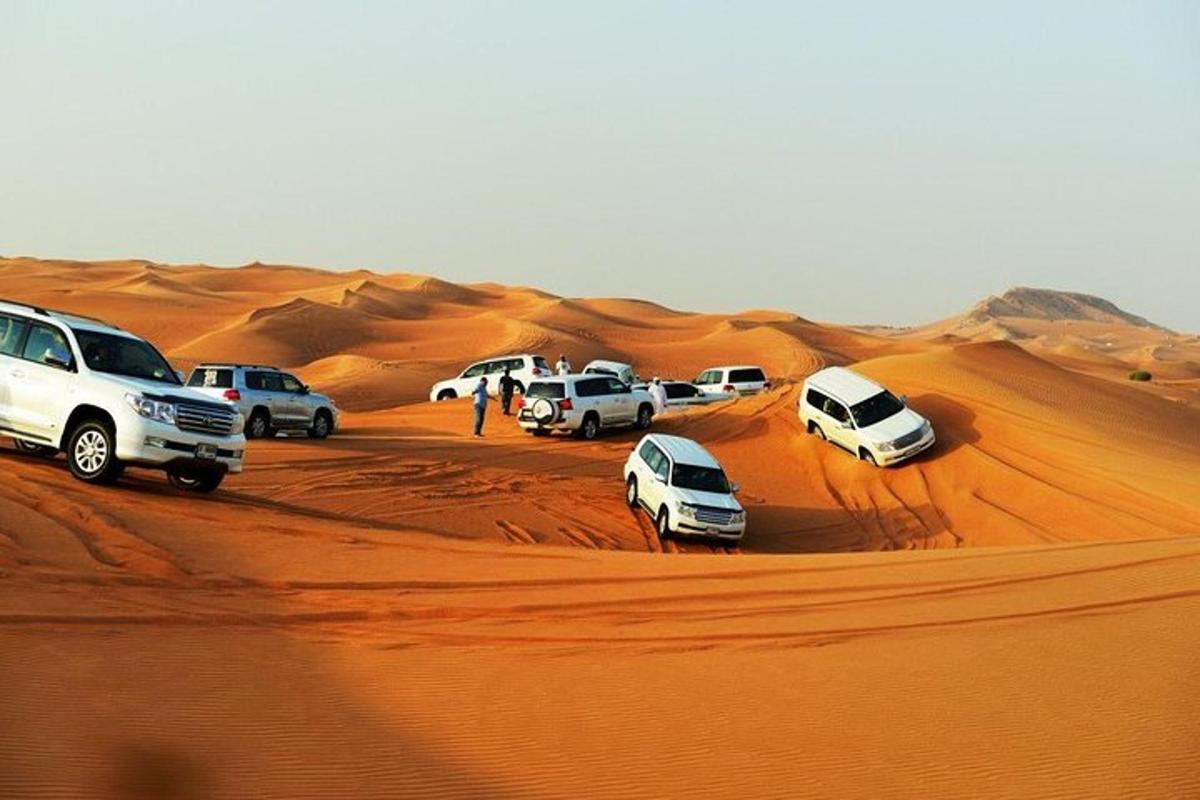 a group of cars parked in the desert