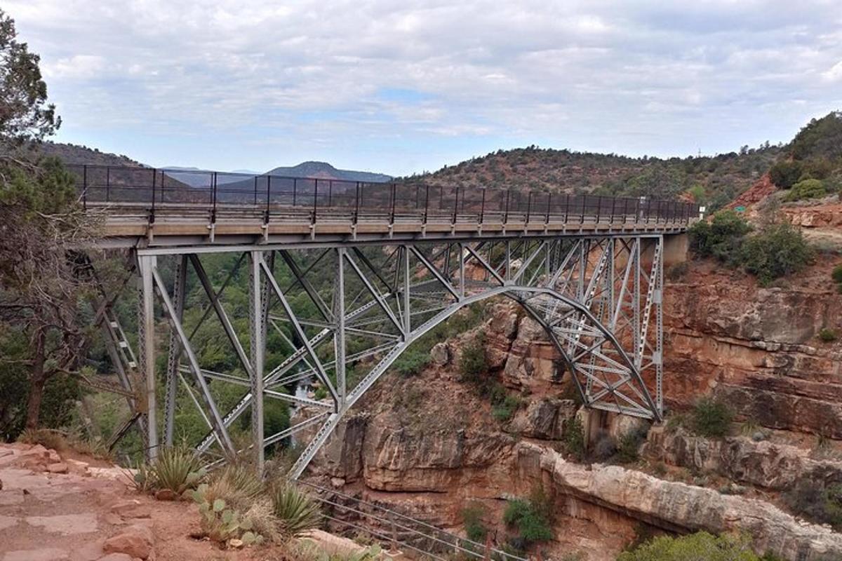 a bridge over a canyon with a mountain