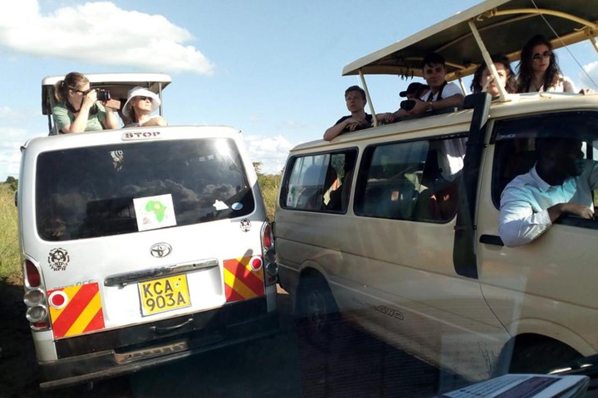 a group of people riding in the back of a van