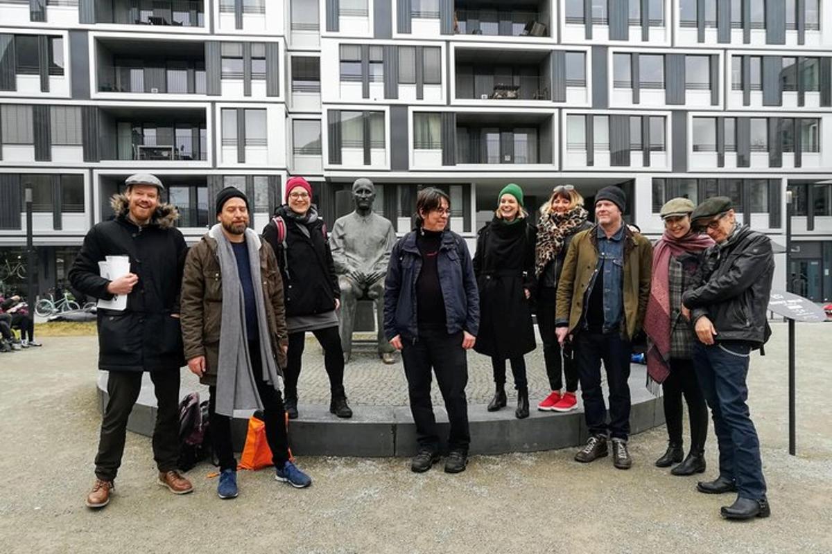 a group of people standing in front of a building