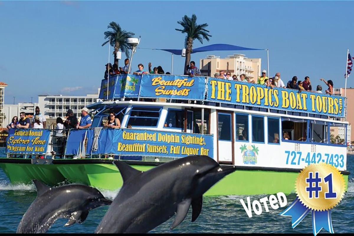 a tour boat with two dolphins in the water