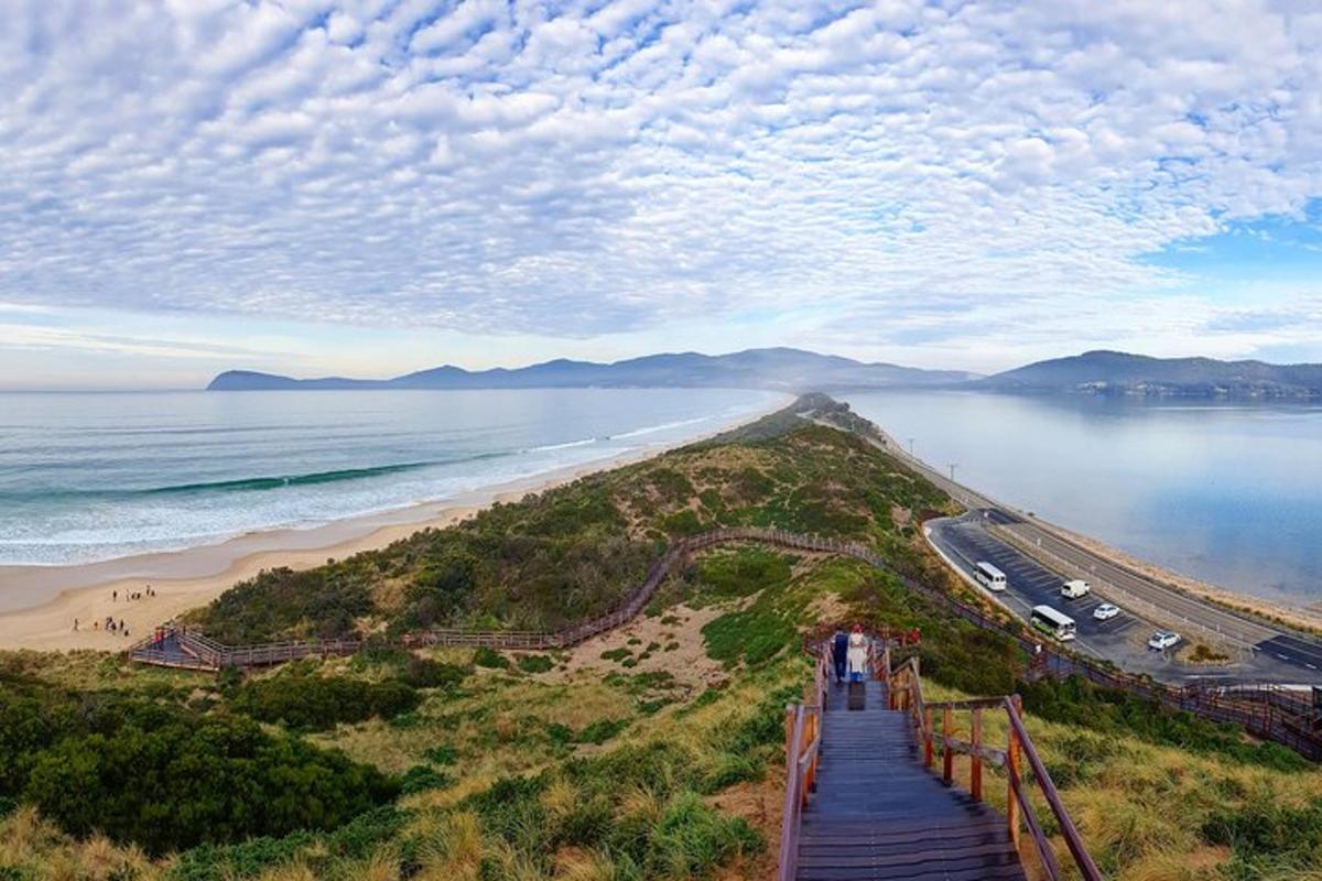 a view of a beach with a bridge and the ocean