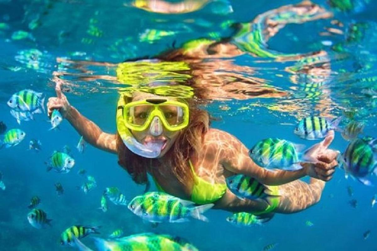 kona syndir í vatni með snorkel